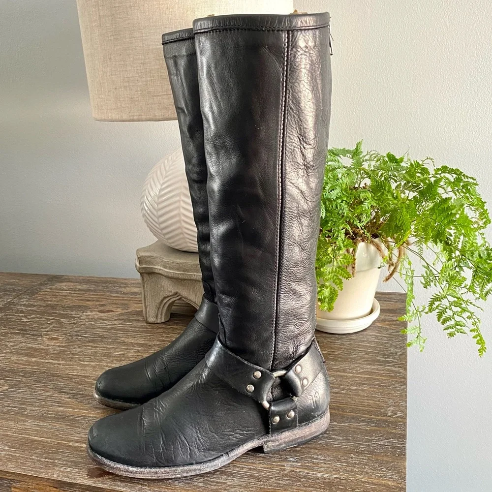FRYE Phillip Harness Tall Knee High Wide Calf Boots Shoe Black Leather Womens 6B